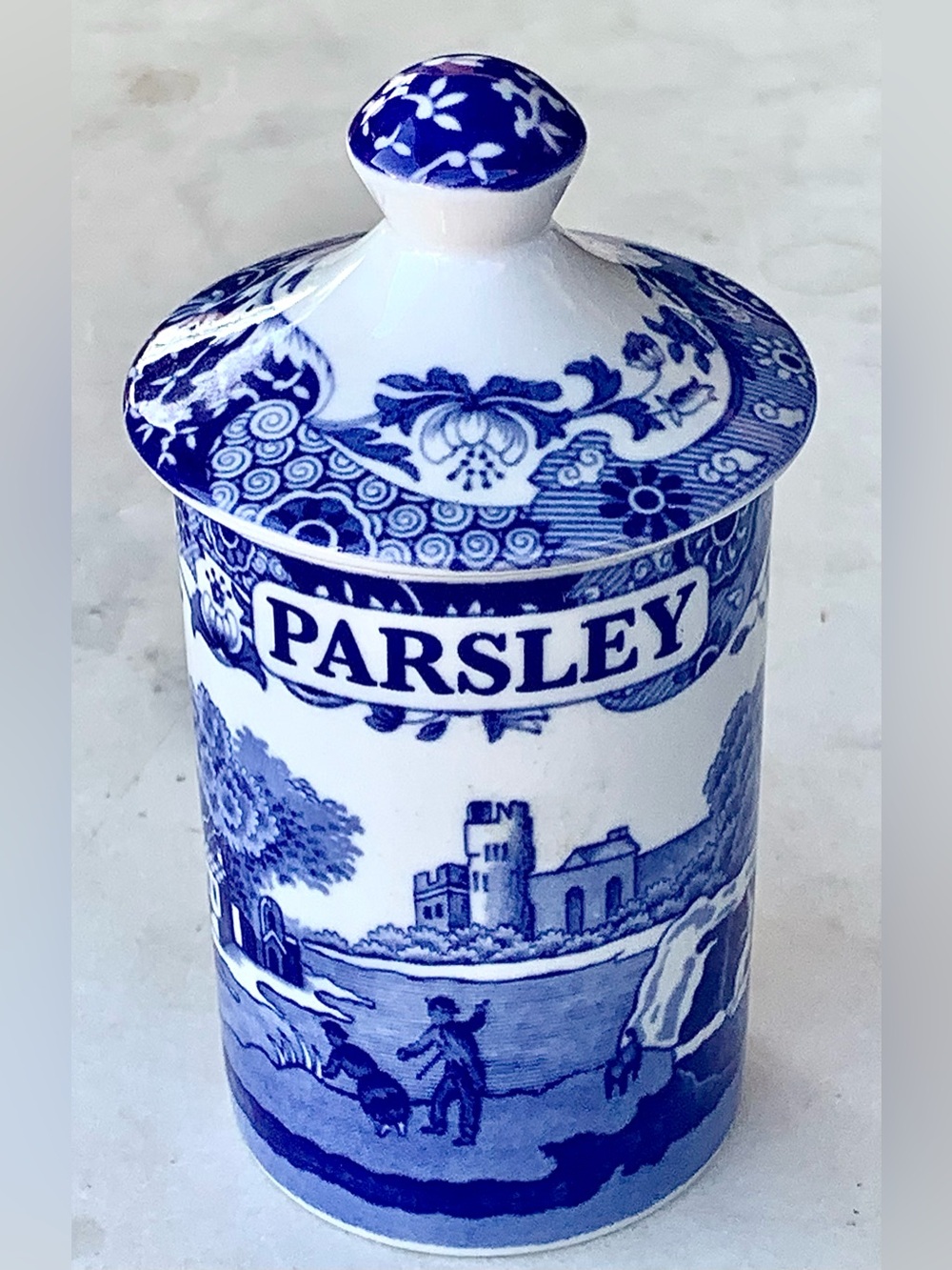 SPODE BLUE ITALIAN  Blue and White 'PARSLEY' Ceramic Spice Jar with Lid 4IN